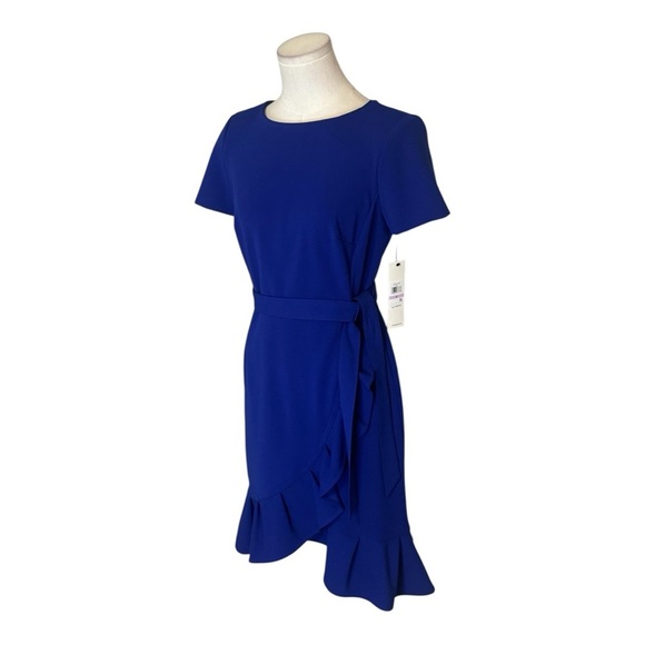 Calvin Klein Royal Blue Mini Dress Ruffle Belted Sheath Soze 6 6P Party Work NWT - Picture 5 of 13